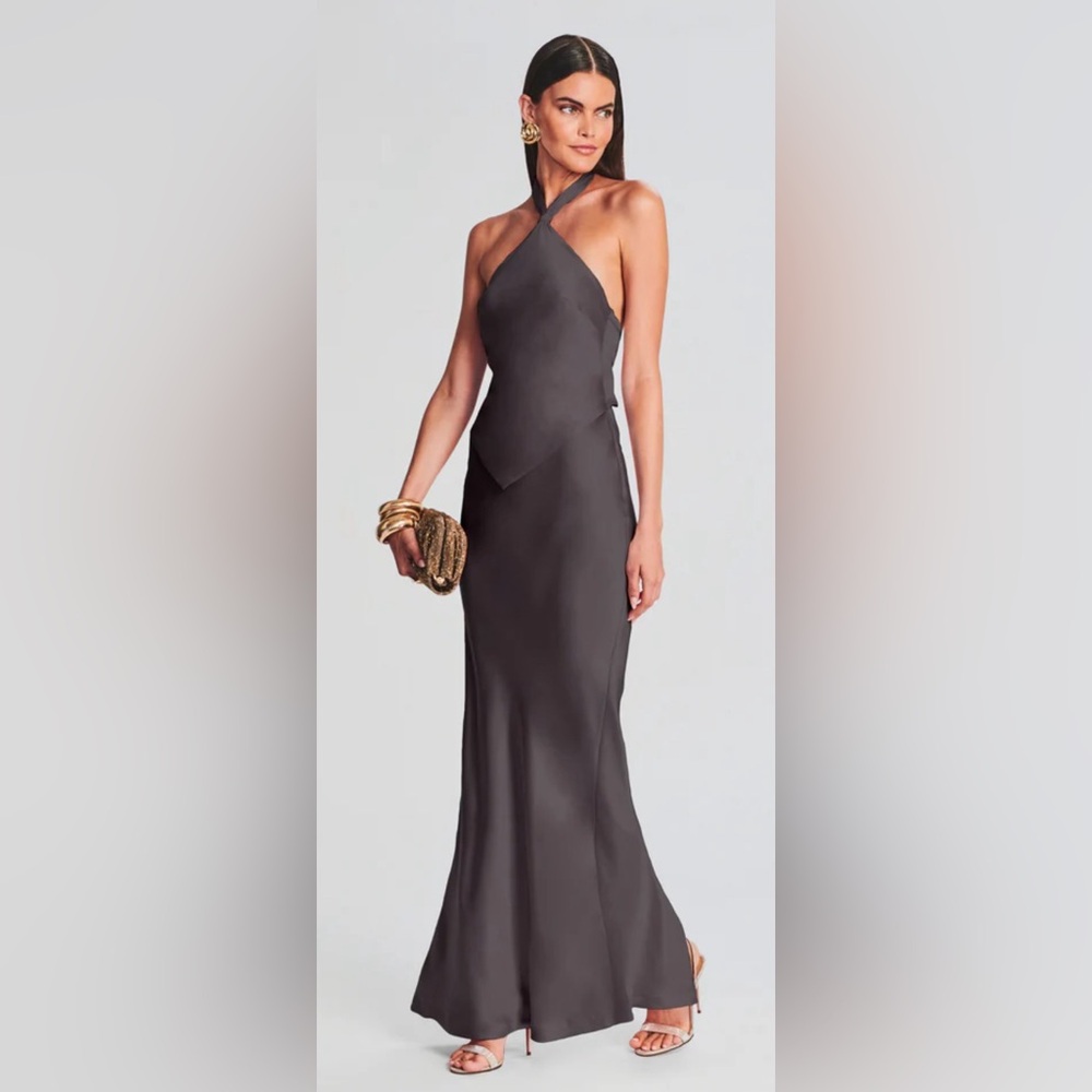 Retrofete Charcoal Satin Cross-Neck Backless Gown